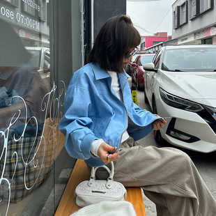 Our2美式复古蓝色翻领宽松拉链皮衣外套短款秋季新款街头夹克上衣