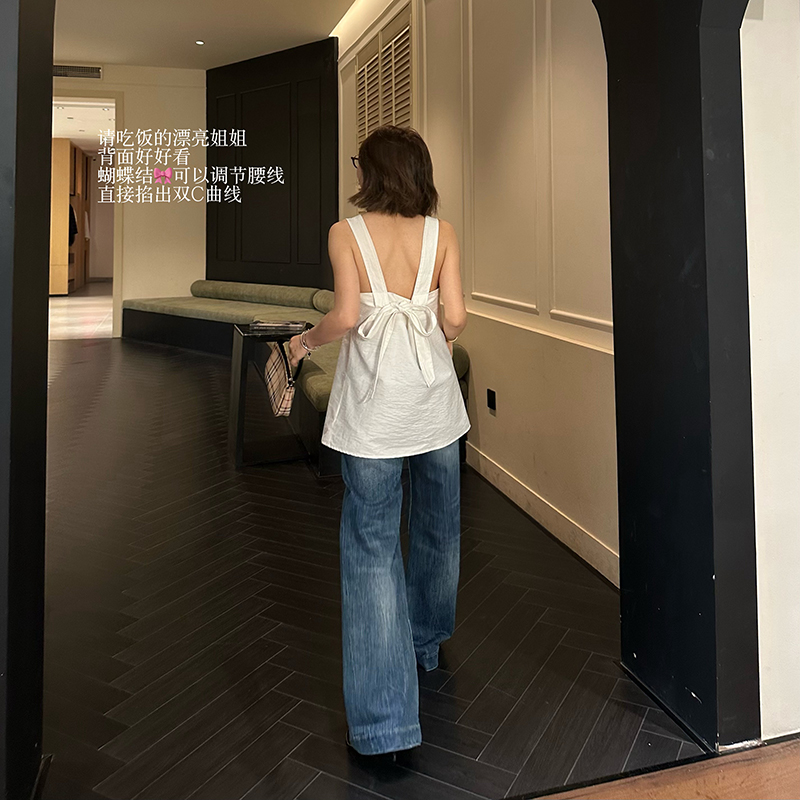 Our2漂亮姐姐吊带露背上衣夏季新款法式修身设计感蝴蝶结吊带衫