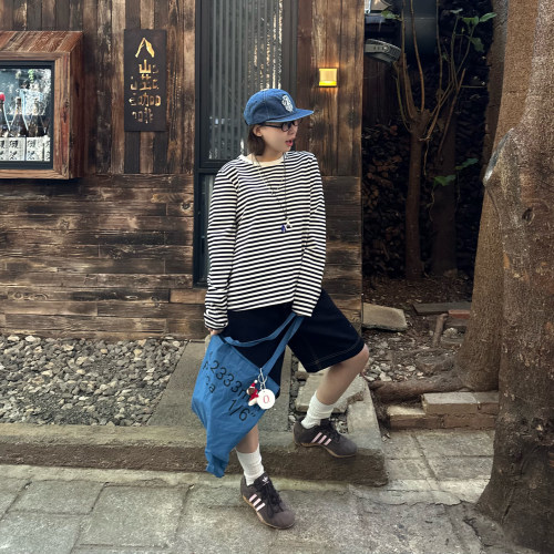 Our2【条纹长袖 】2026春夏新款时尚百搭圆领休闲条纹长袖T恤上衣