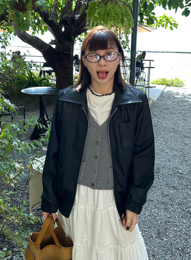 Our2黑色皮衣外套女机车服春季2024新款长袖高街宽松美式上衣