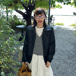 高街宽松美式 长袖 上衣 2024新款 Our2黑色皮衣外套女机车服春季