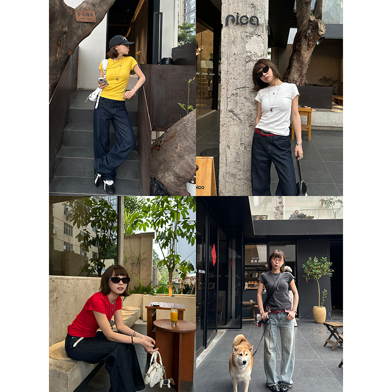 Our2辣妹正肩短袖t恤新款夏季小个子修身显瘦圆领紧身上衣打底衫