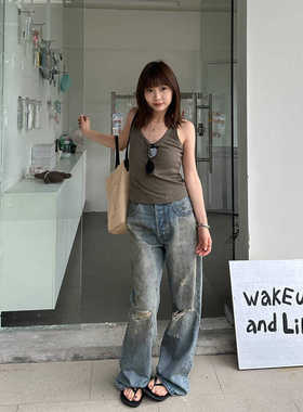 Our2美式复古破洞牛仔裤女夏季高腰直筒阔腿拖地裤子宽松显瘦长裤