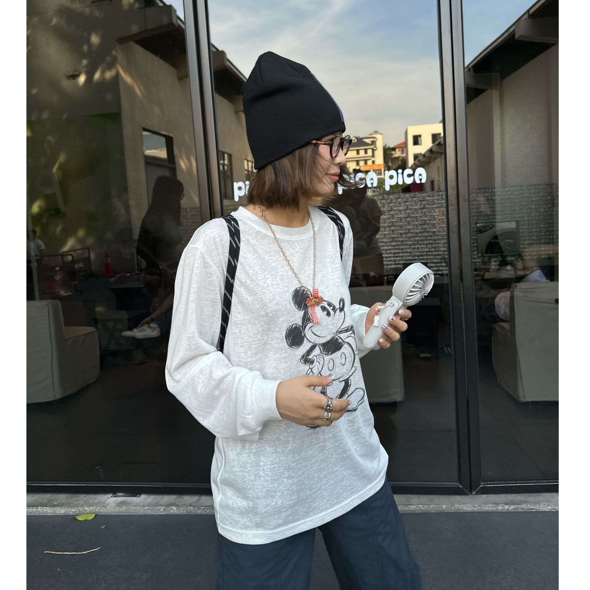 Our2设计感卡通米奇长袖T恤2025夏季百搭防晒透透圆领套头上衣潮