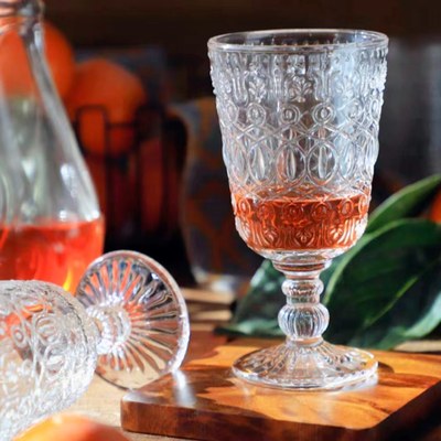 复古浮雕繁花高脚玻璃杯红酒杯高档葡萄酒杯家用果汁杯饮料杯加厚