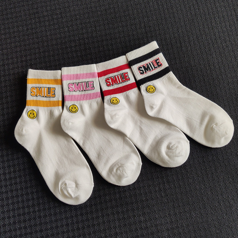 薄款夏中长长袜女潮纯棉男潮牌ins条纹字母中筒可爱笑脸袜子袜春