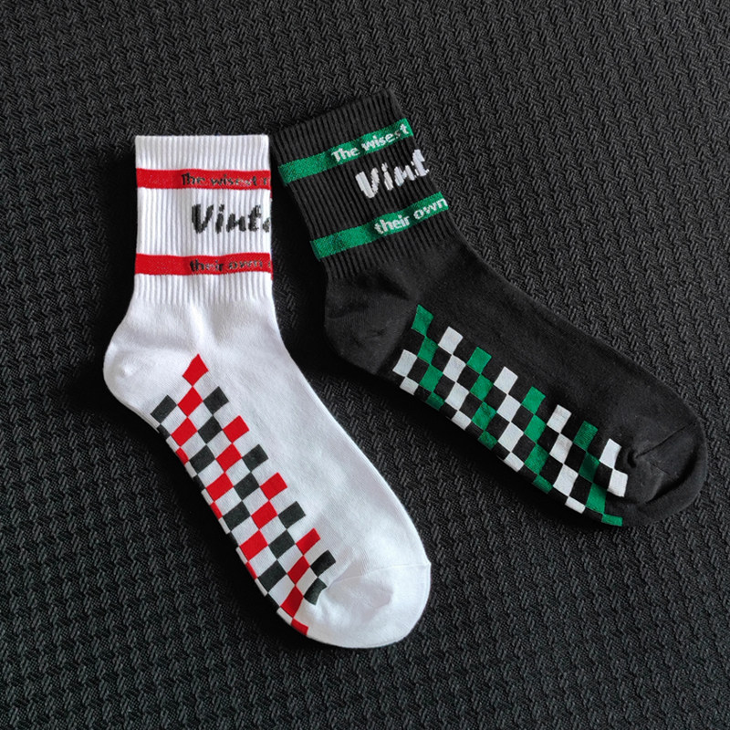 秋冬棋盘格子长筒高帮袜子男潮字母男士潮流长袜女ins中筒袜冬秋