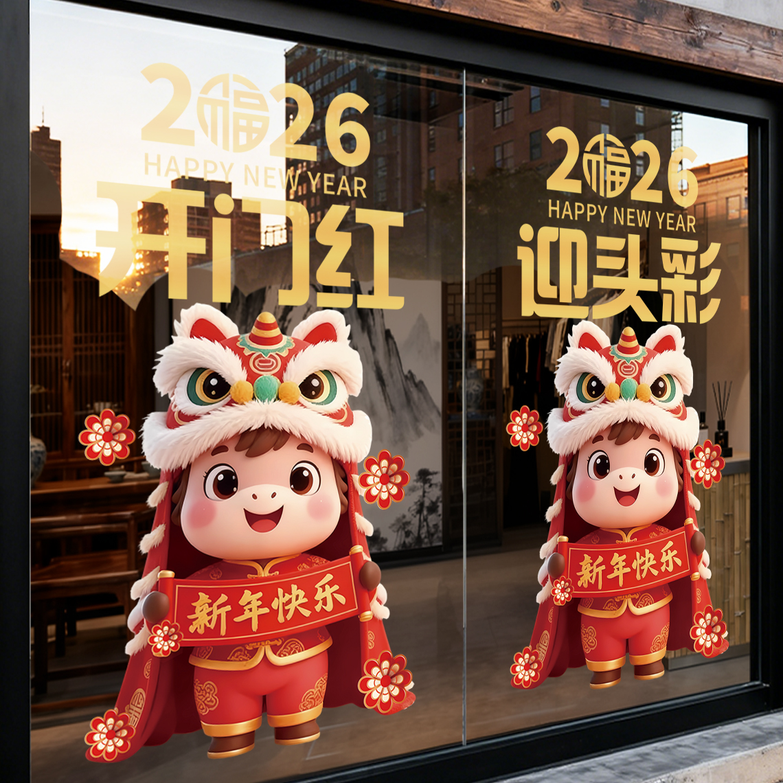 开门红气氛布置玻璃门静电贴