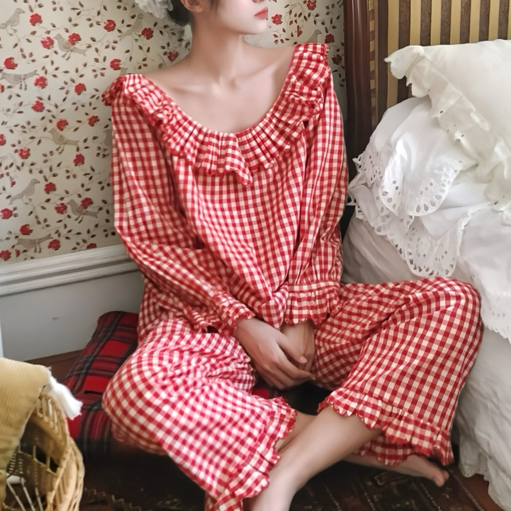 红白格纯棉长袖睡衣高级感可外穿家居服本命年红色新年套装春秋季