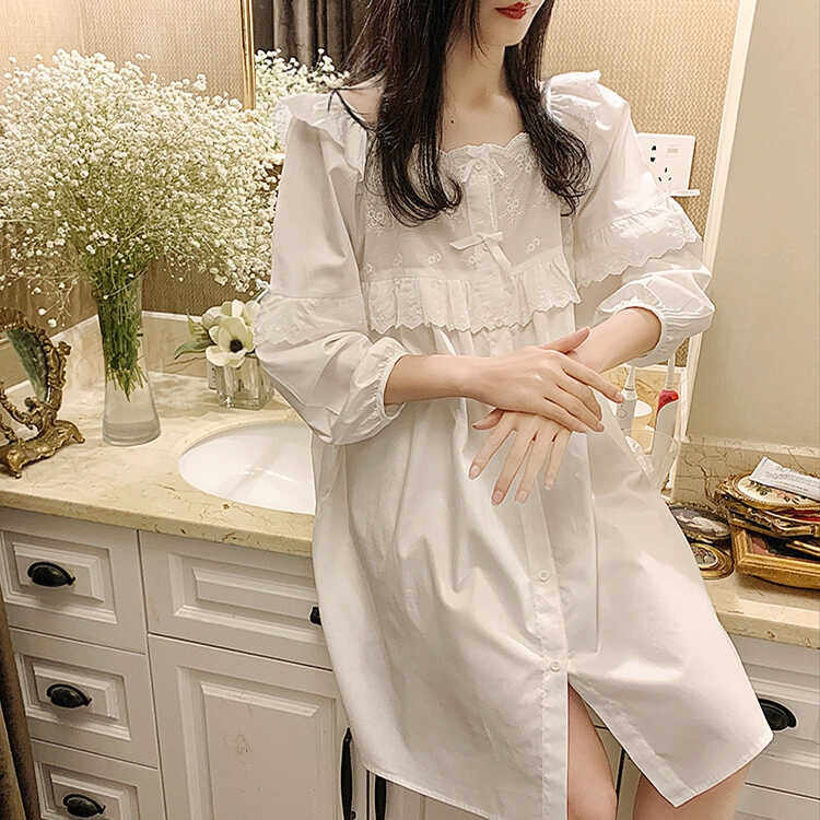 宫廷公主睡裙女可爱少女学生纯棉睡衣夏白色家居服套装薄款