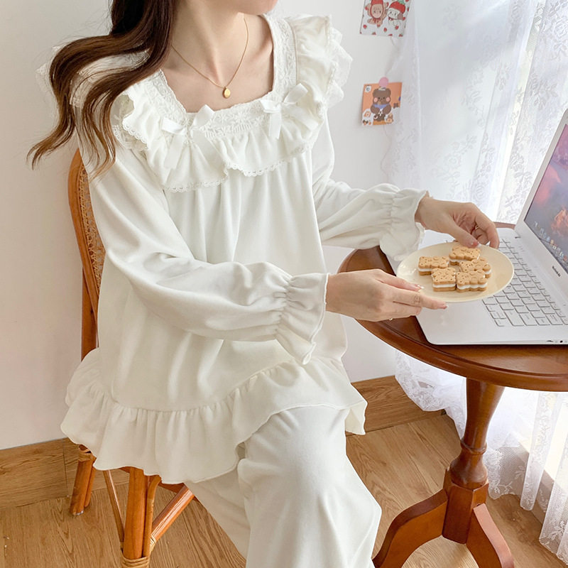 海岛绒睡衣女春秋季甜美可爱公主宫廷风韩版白色可外穿家居服