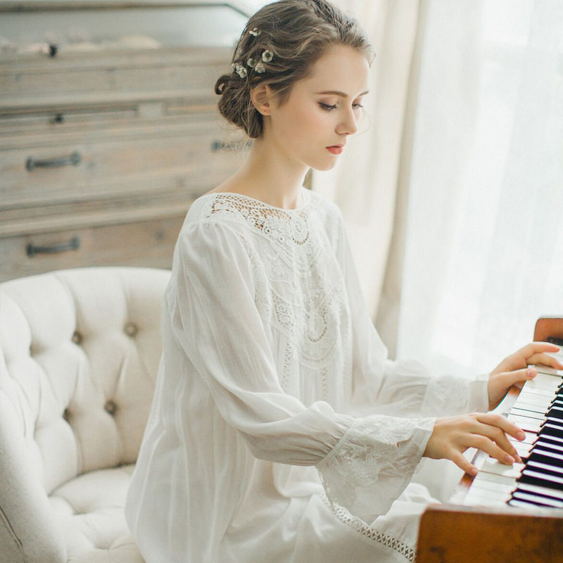 欧式女款睡裙女纯棉白色宫廷风公主风长袖家居服复古法式睡衣睡袍