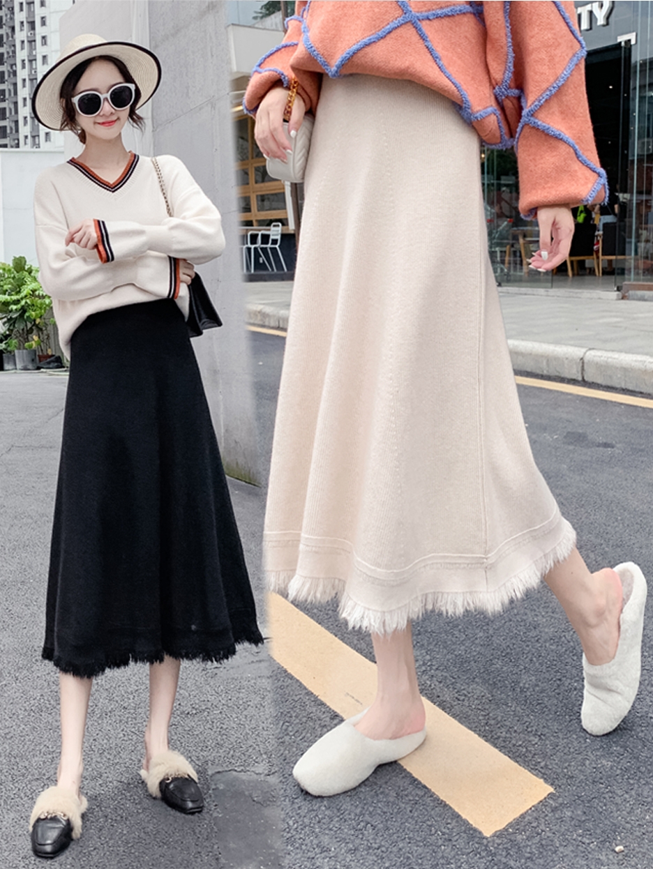 针织裙女半身裙秋冬2020新款高腰中长款加厚宽松毛线裙子百褶长裙