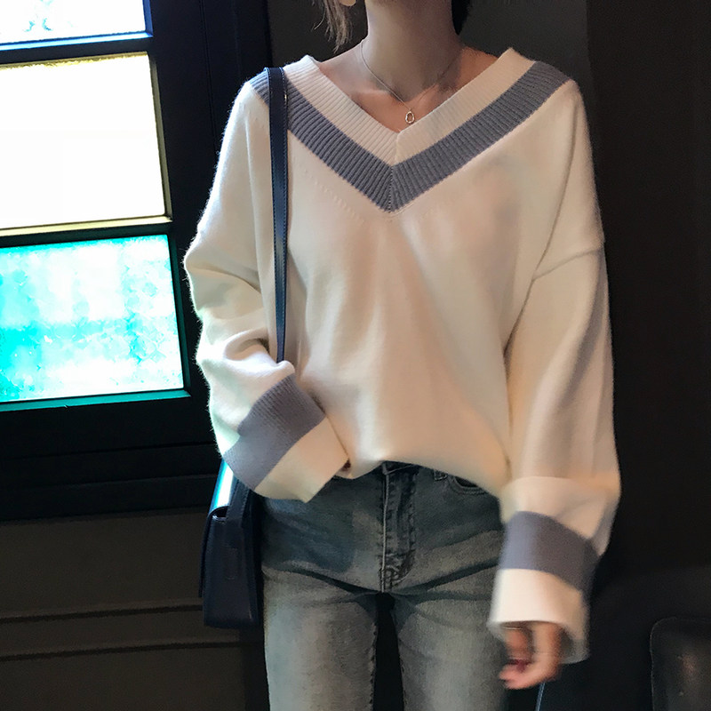 秋冬撞色宽松慵懒学院风针织衫