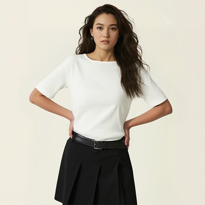 女装罗纹船领五分袖T恤