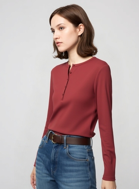 官网99！女装罗纹亨利领T恤/长袖修身短款内搭打底25新款479591