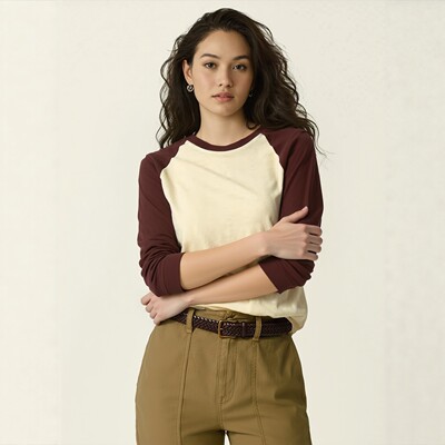 女装竹节纱插肩撞色长袖圆领T恤