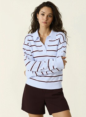 2025新款秋冬女装时尚棉质POLO领条纹针织衫毛衣柔滑舒适484503