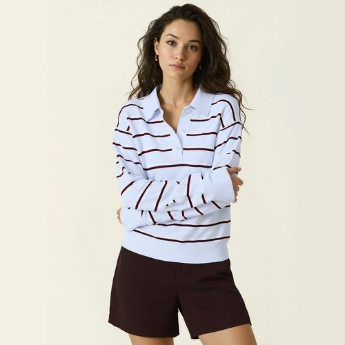 女装柔滑棉质POLO领条纹针织衫