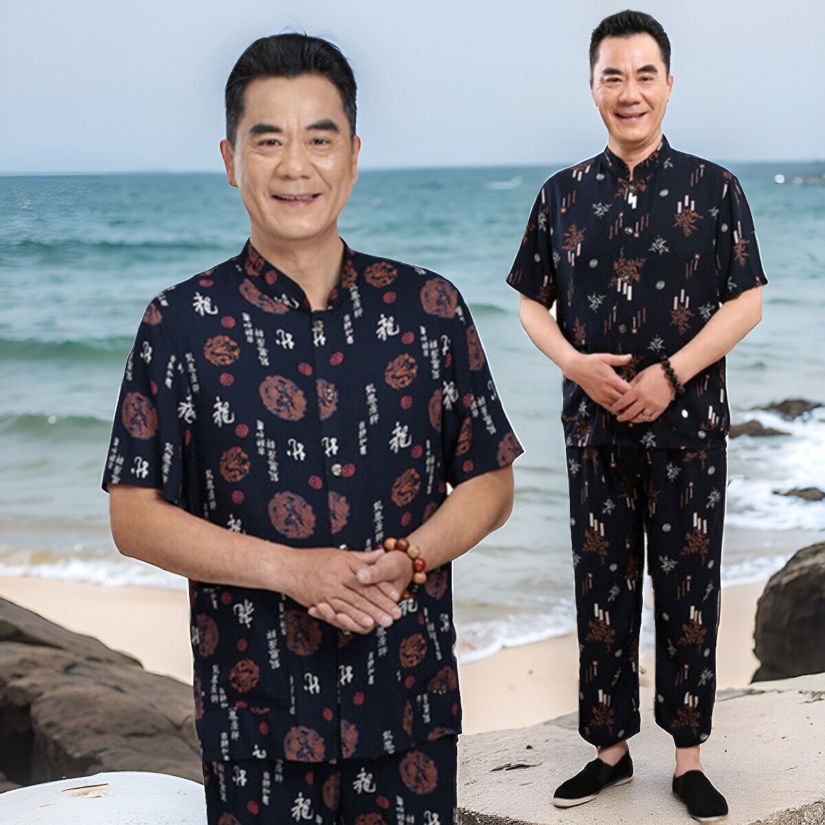 中老年短袖棉绸套装夏季两件套
