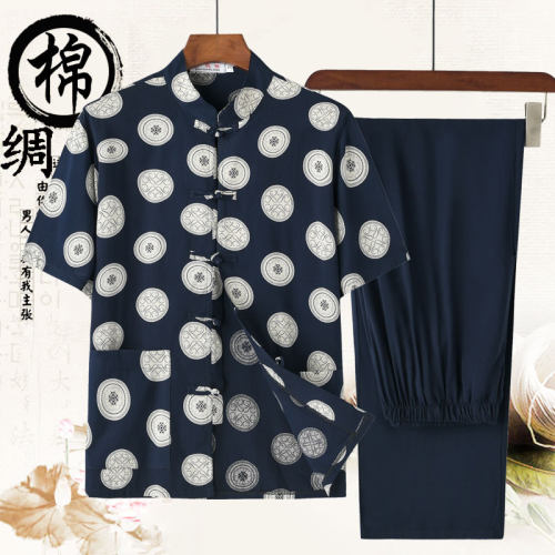 中老年人夏季男士短袖棉绸套装