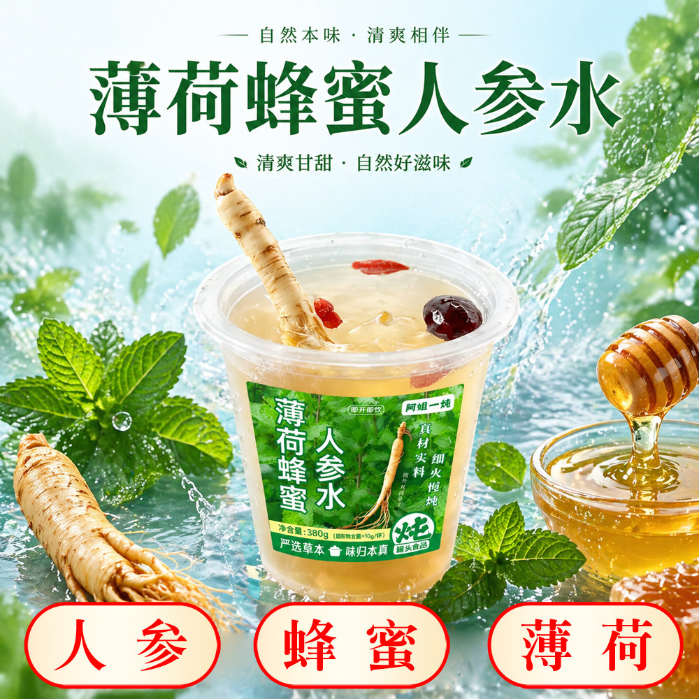 中式薄荷蜂蜜整根人参枸杞水饮料茶熬夜健康植物养生饮品广式炖品