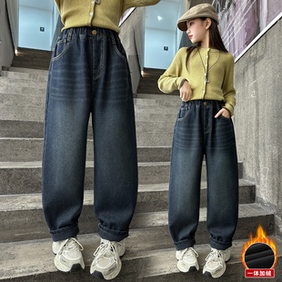 子中大童宽松老爹裤 女童加绒牛仔裤 洋气儿童加厚一体绒裤 新款 冬季