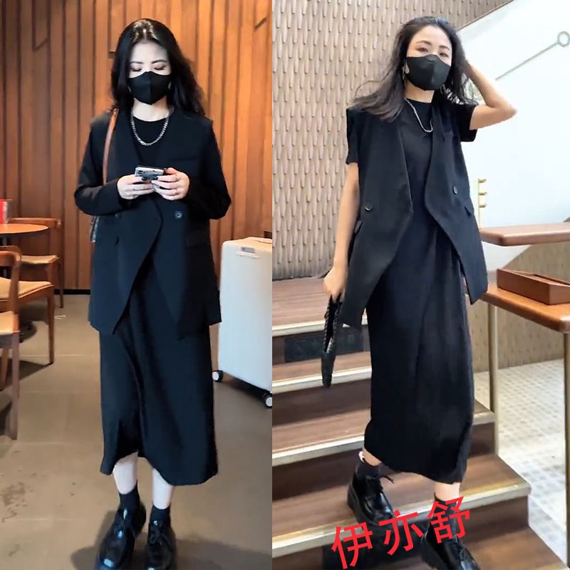 高级感时尚套装女士2025春夏新款休闲中长款连衣裙西装马甲两件套