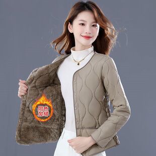 秋冬女士修身加绒保暖羽绒棉内胆短款加厚棉袄中老年轻薄棉袄外套