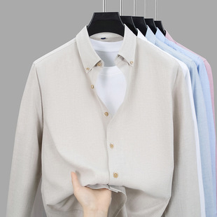 2026春季新款中年男士翻领时尚休闲纯色衬衫长袖春秋装薄款上衣服