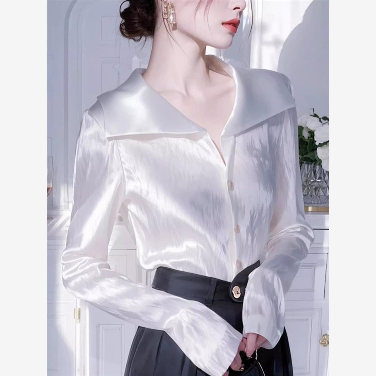 白色長袖高級襯衫緞面202