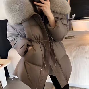 冬季超好看收腰显瘦大码羽绒棉服女中长款可拆卸大毛领棉衣袄外套