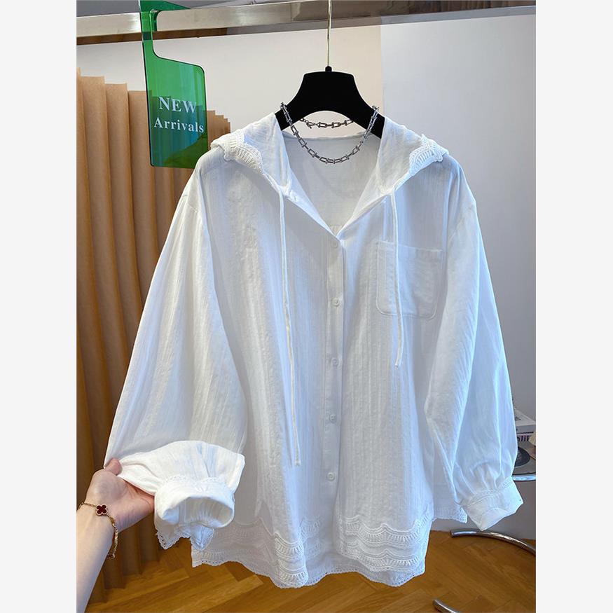高級感白色連帽襯衫女春