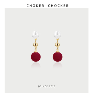 红绒球珍珠纯银针耳钉耳夹本命年女款2026马新年耳环适合过年耳饰