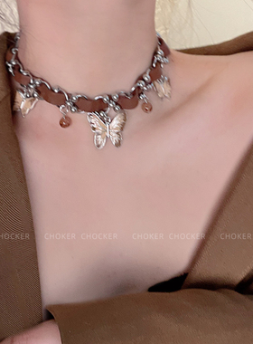 美拉德棕色蝴蝶复古choker颈链
