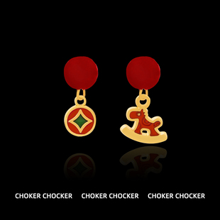 原创新年马上有钱红色小马耳环女耳钉过年本命年无耳洞耳夹耳饰
