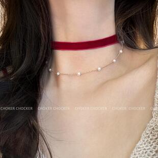 酒红色丝绒项链圣诞节锁骨链珍珠颈链女小众设计感项圈高级感颈带