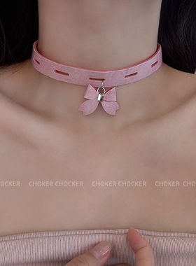 甜酷风y2k辣妹风粉色蝴蝶结颈链