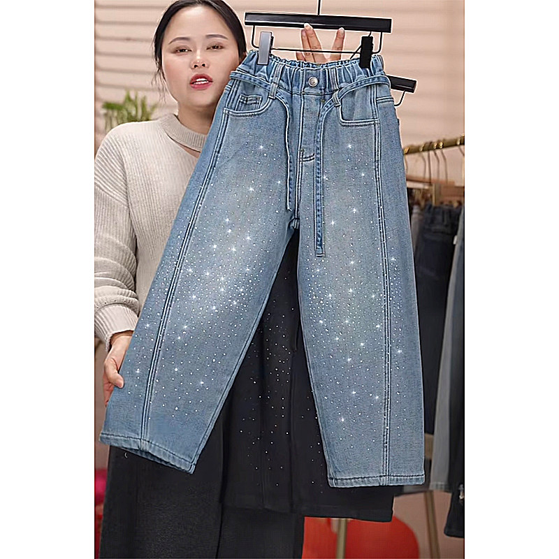 女童满天星烫钻牛仔裤中大童女孩春秋休闲弯刀裤时尚百搭高腰长裤