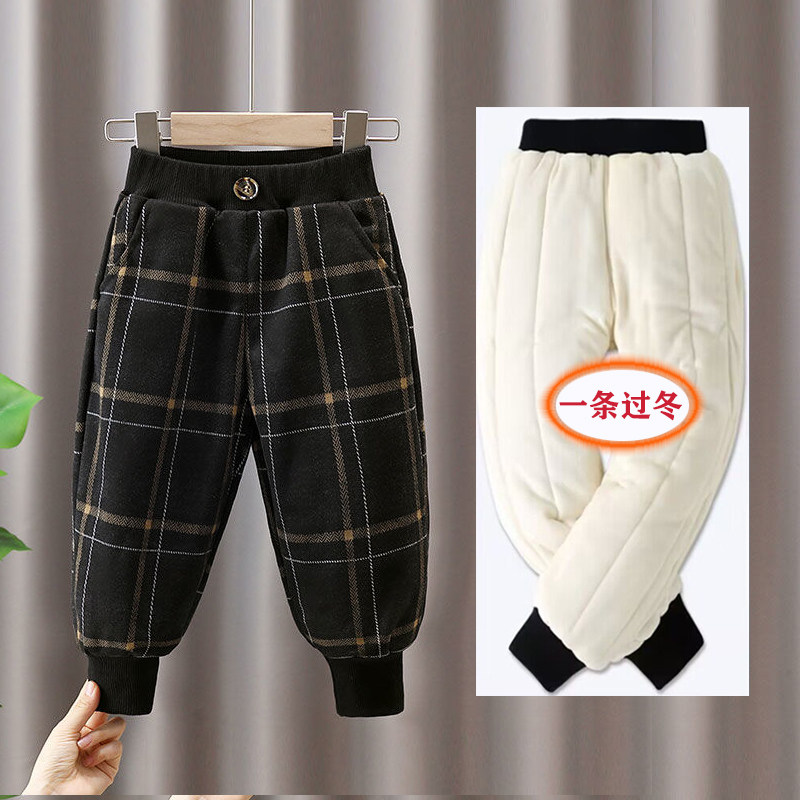 男女童加绒格子棉裤儿童秋冬外穿加厚呢子裤子小童宝宝夹棉休闲裤
