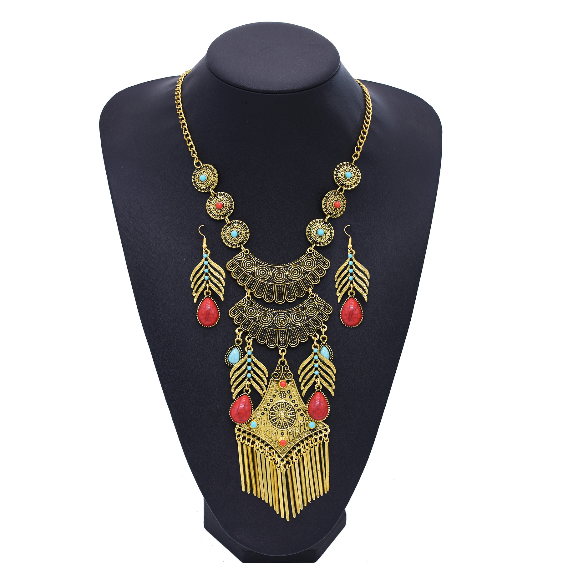 异域风流苏金色松石钱币项链耳环