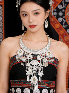 新款复古民族风雕花流苏苗银项圈