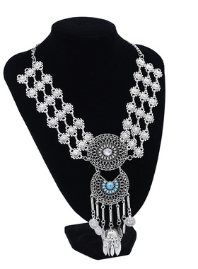 波西米亚风复古银色钱币流苏项链