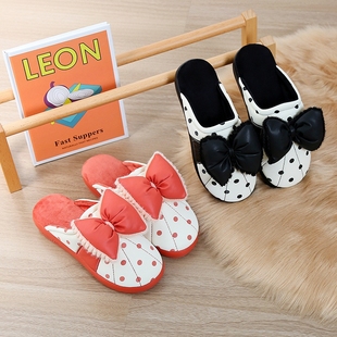 秋冬新款皮质防水坡跟厚底棉拖鞋女保暖室内软底防滑家用毛毛拖鞋