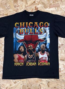 Chicago Bulls美式复古罗德曼3巨头Vintage高街潮牌纯棉短袖t恤男