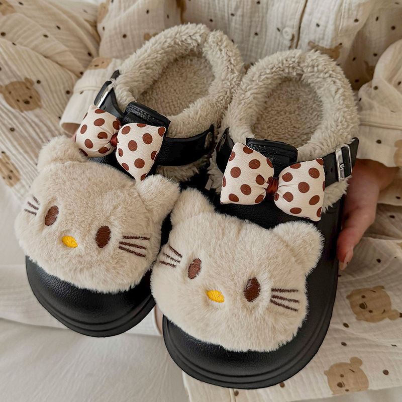 可爱KT猫厚底加绒勃肯鞋女穆勒鞋居家棉拖鞋女保暖鞋月子鞋包头拖