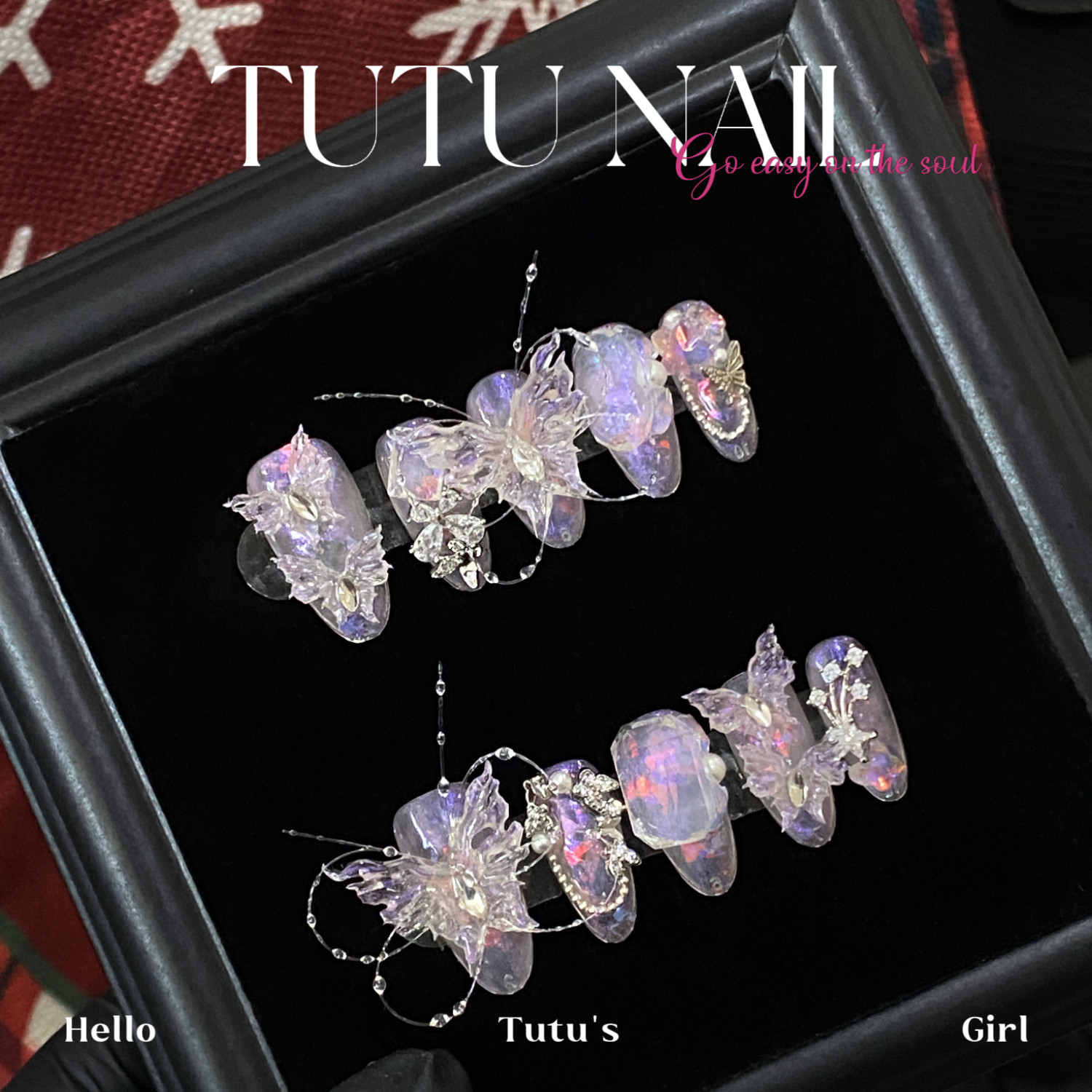 【化蝶飞】TUTU NAIL手工穿戴美甲粉紫立体鱼线蝴蝶显白高级重工