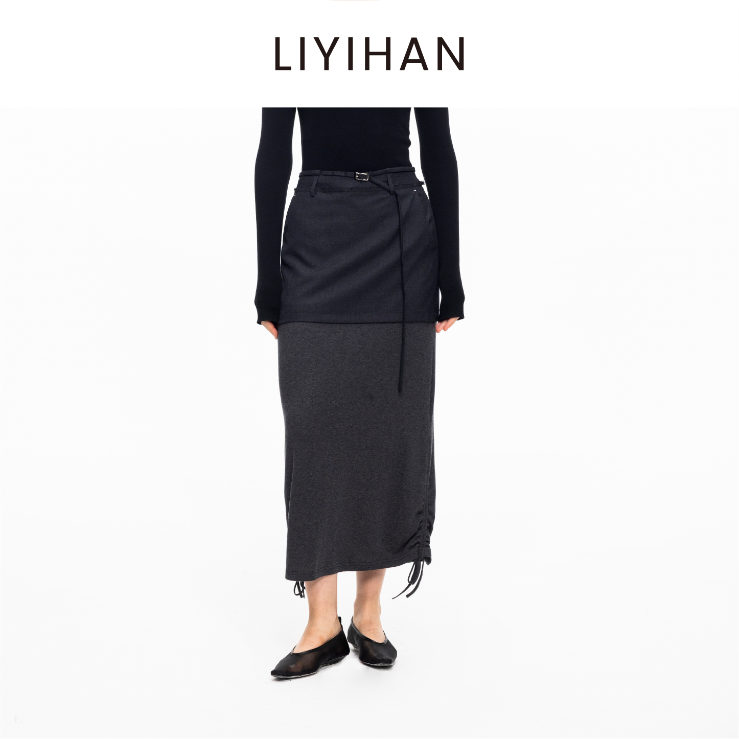 2025拼接抽褶羊毛半裙灰色女高级