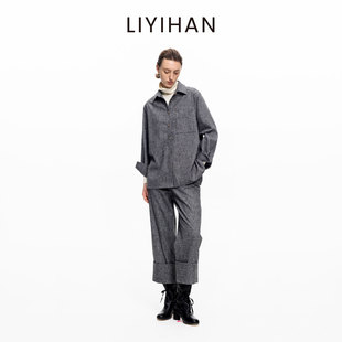 LIYIHAN 2026秋冬新款通勤羊毛衬衫外套灰色女时尚套装小众设计感