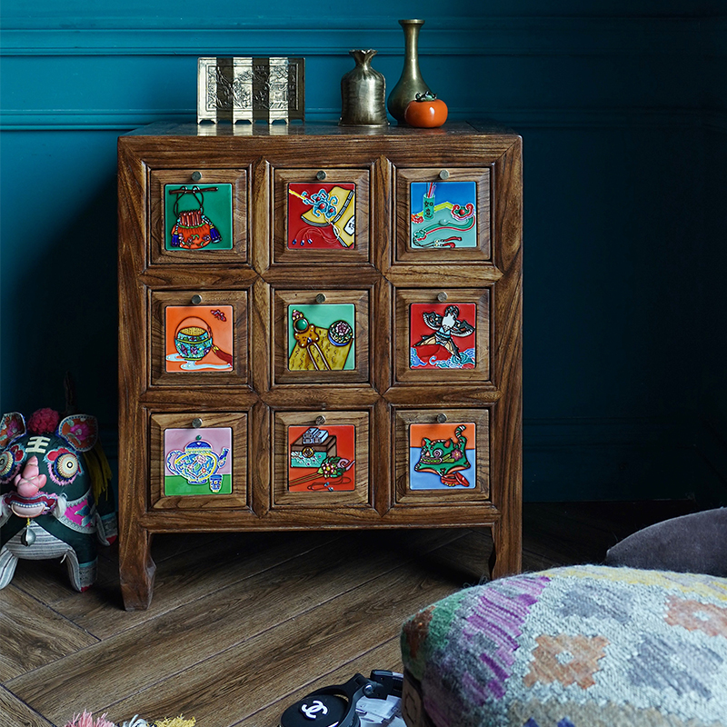 原创纯实木镶嵌瓷板画斗柜
